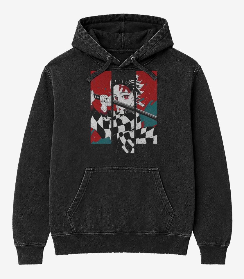 Poleron Canguro Acid Wash Negro de Tanjiro!
