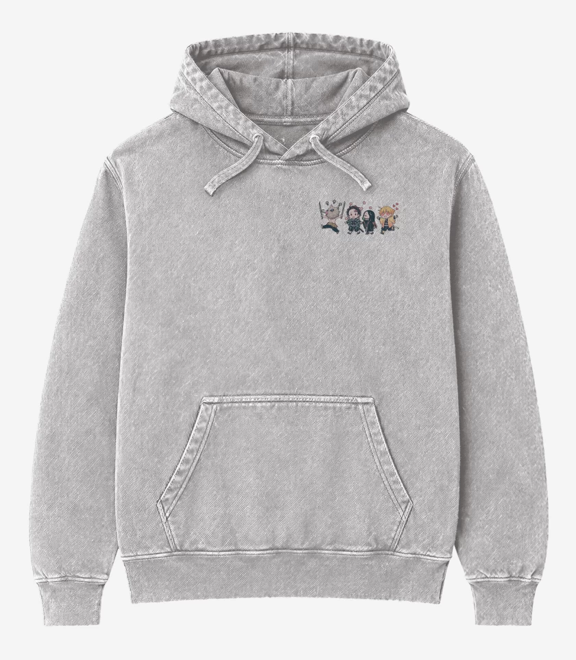 Poleron Canguro Acid Wash Gris Melange de Kimetsu de Bolsillo