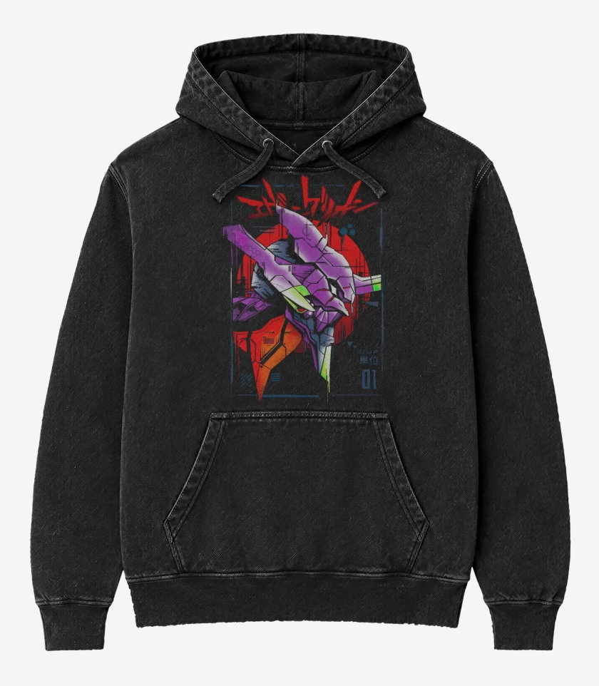 Poleron Canguro Acid Wash Negro de Evangelions 3