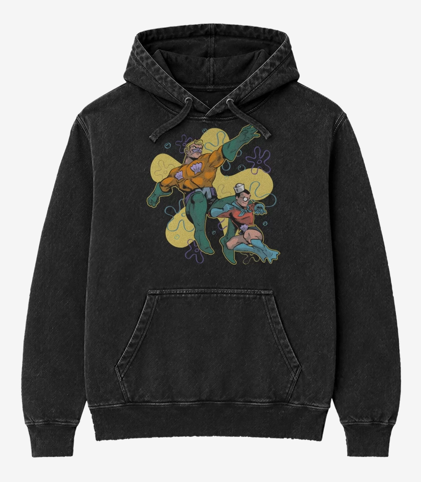 Poleron Canguro Acid Wash Negro de Sirenoman y Chico Percebe