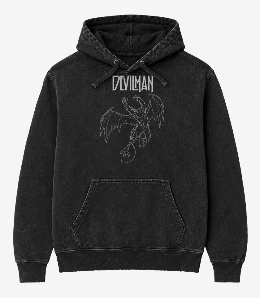 Poleron Canguro Acid Wash Negro de Led Devilman