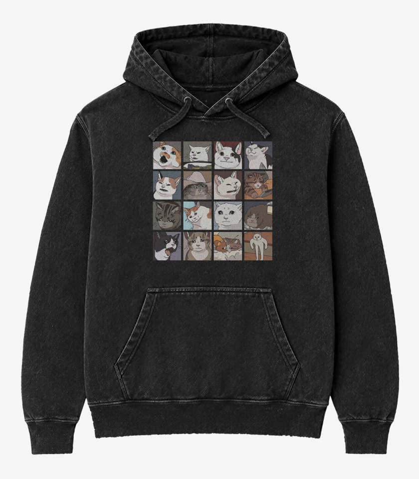Poleron Canguro Acid Wash Negro de Gatos memes