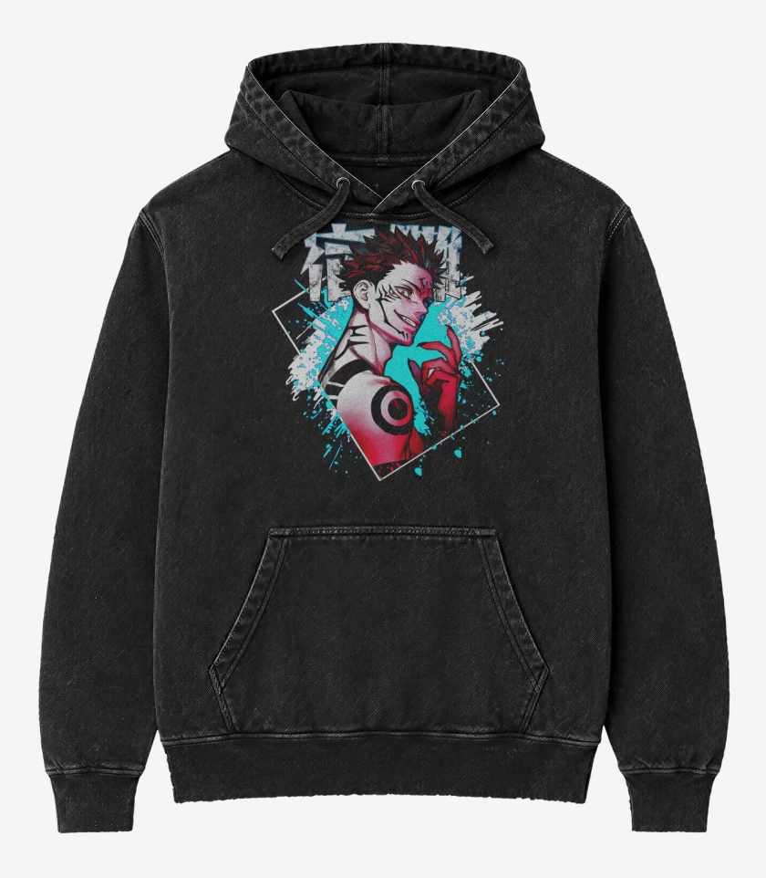 Poleron Canguro Acid Wash Negro de Maldición Sukuna