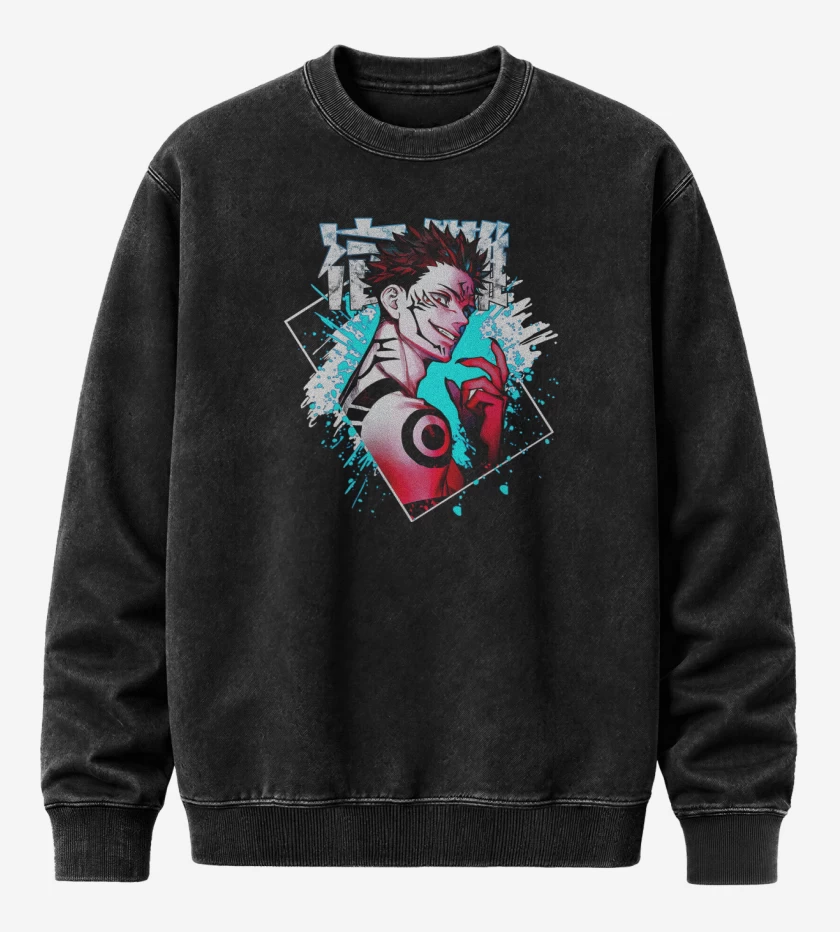 Poleron Polo Acid Wash Negro de Maldición Sukuna