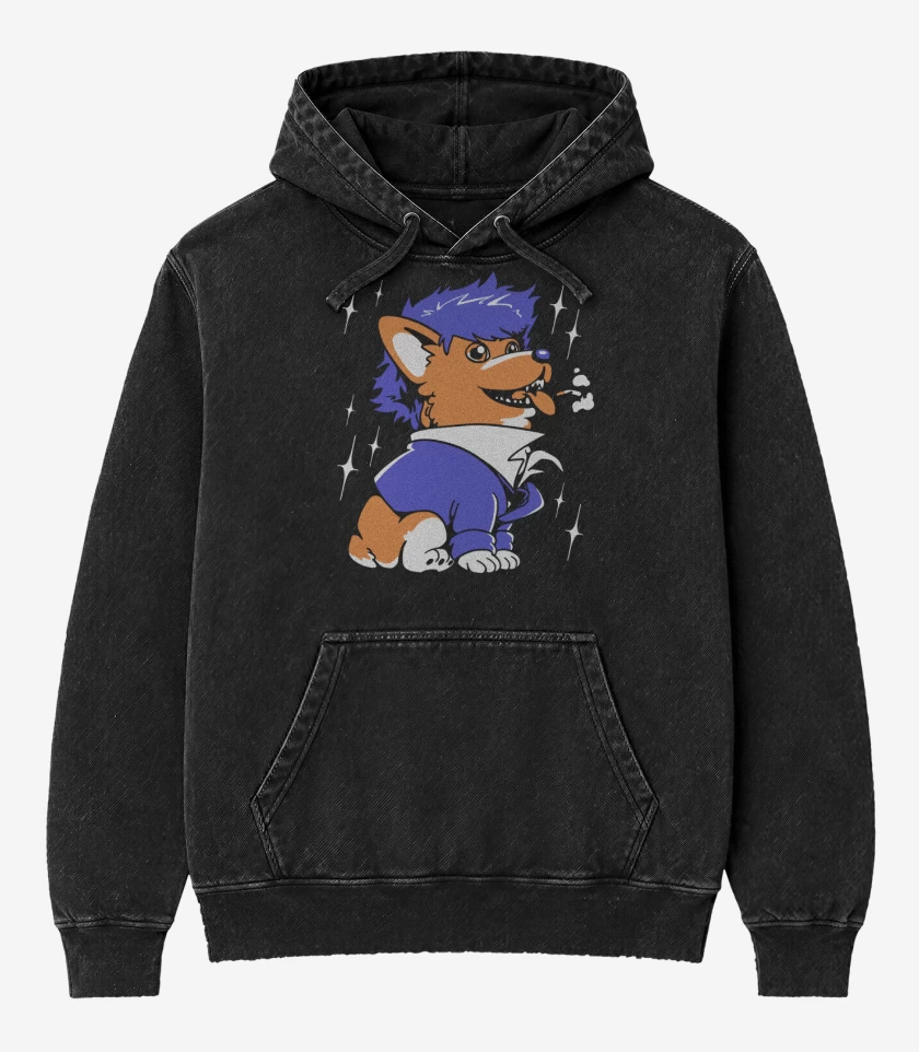 Poleron Canguro Acid Wash Negro de Space Corgiboy