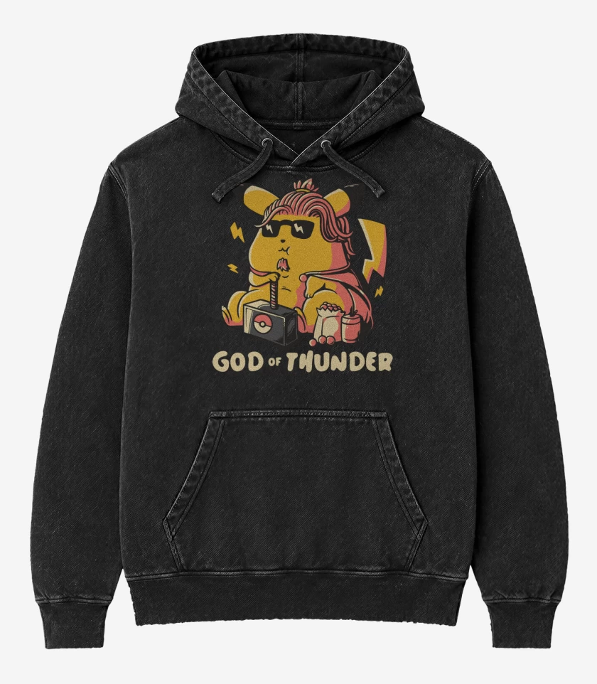 Poleron Canguro Acid Wash Negro de Dios del Trueno