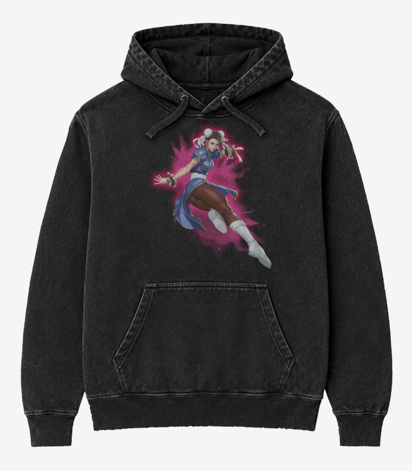 Poleron Canguro Acid Wash Negro de Chun-li