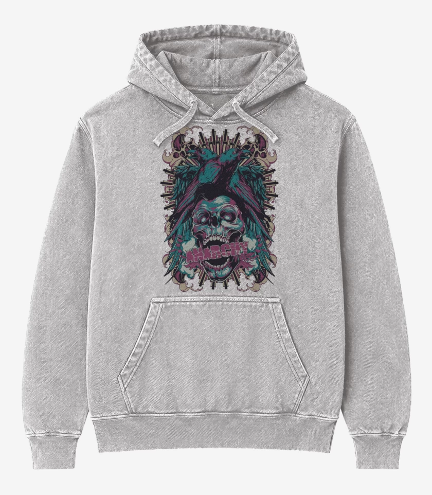 Poleron Canguro Acid Wash Gris Melange de Anarchy Skull 