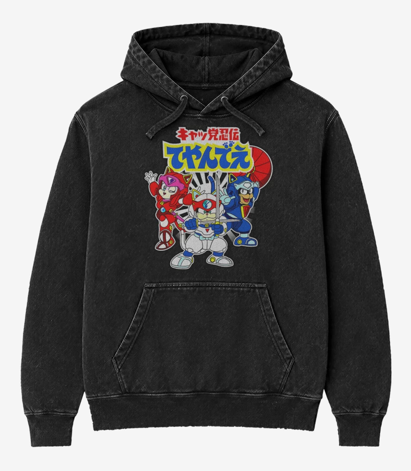 Poleron Canguro Acid Wash Negro de Pizza cats 2