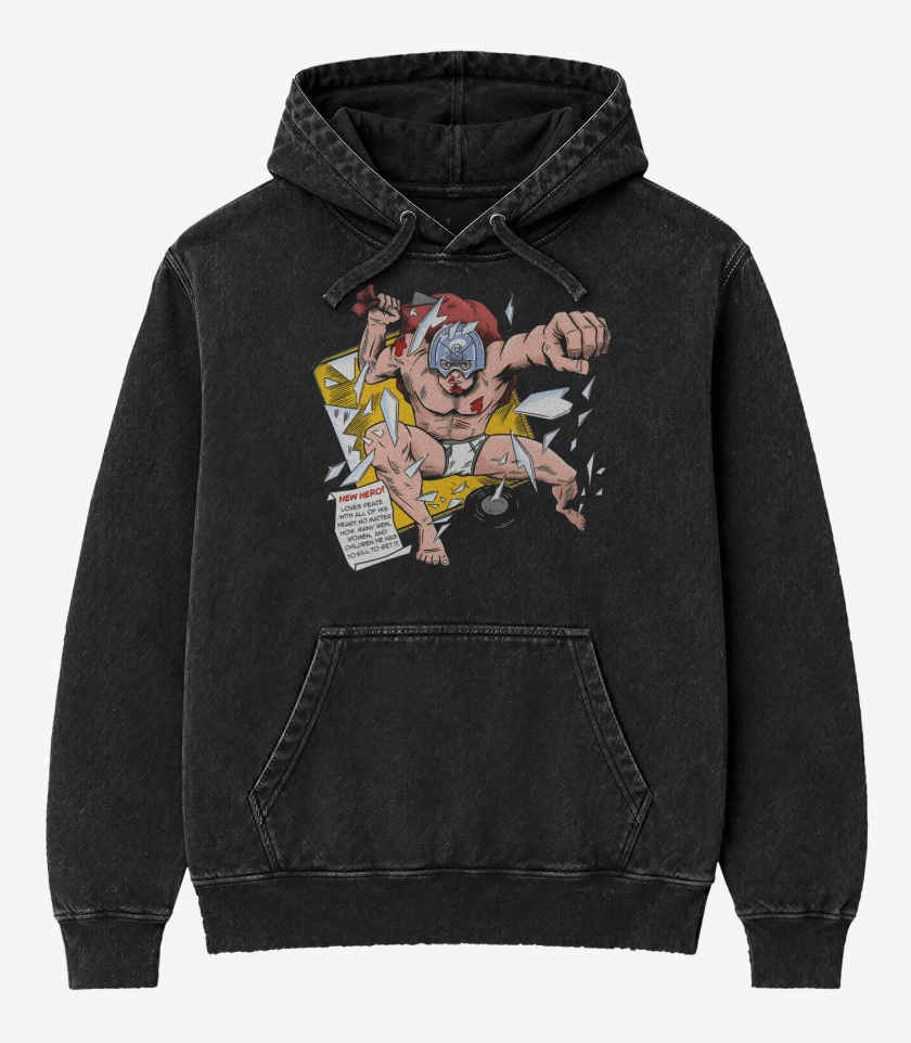 Poleron Canguro Acid Wash Negro de Un Nuevo Héroe