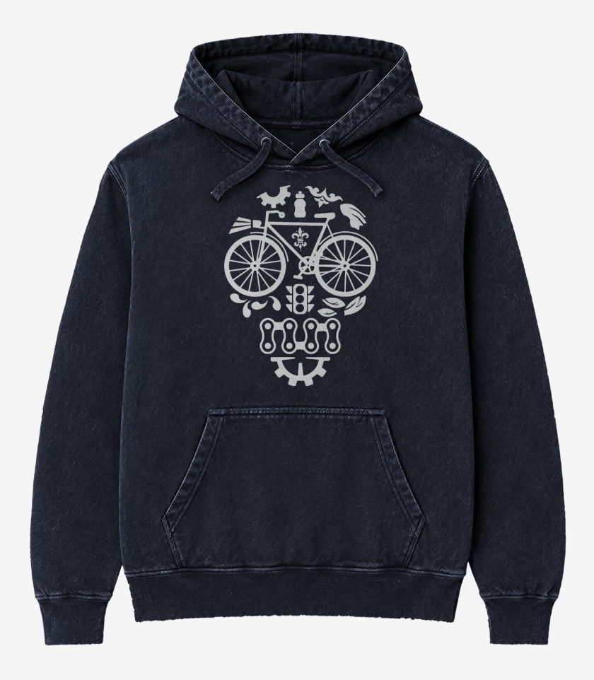 Poleron Canguro Acid Wash Azul Marino de Calavera Bicicleta