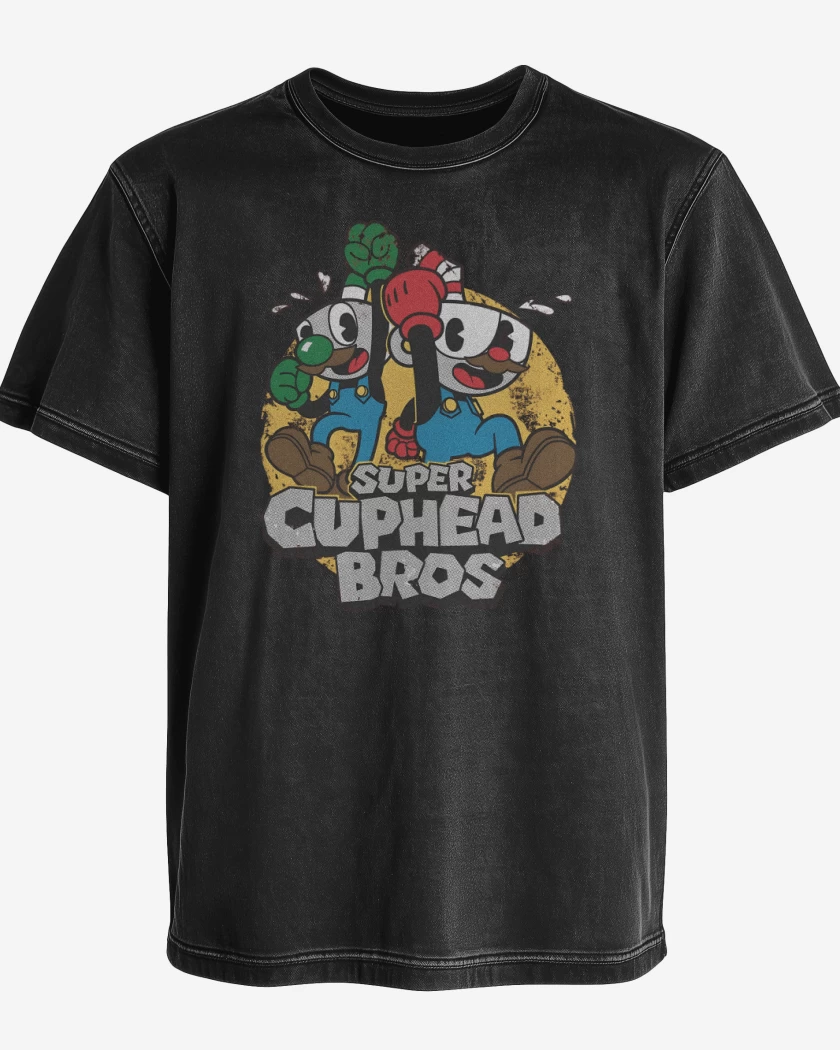 Polera desgastada Negro de Super Cuphead Bros
