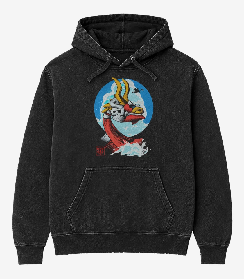 Poleron Canguro Acid Wash Negro de Mascaron Rojo