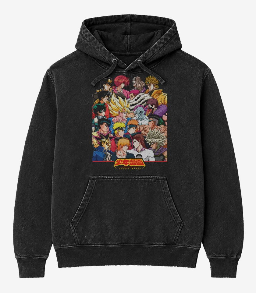 Poleron Canguro Acid Wash Negro de Shonen Manga Vs
