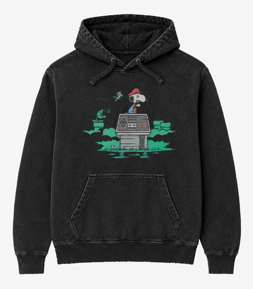 Poleron Canguro Acid Wash Negro de Snoopy bigote