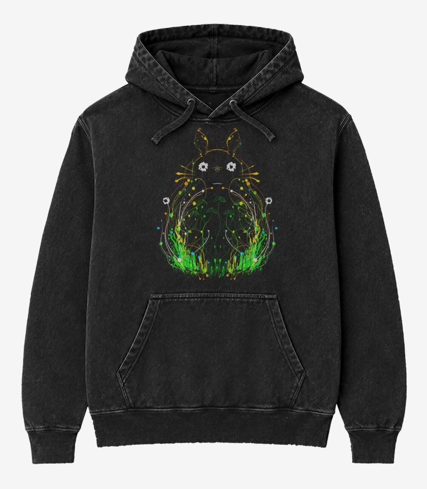 Poleron Canguro Acid Wash Negro de Totoro lineas brillantes