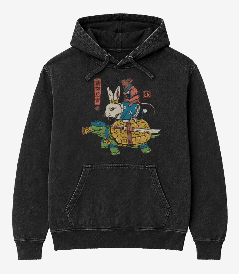 Poleron Canguro Acid Wash Negro de Ratto Kame y usagi Ninjas