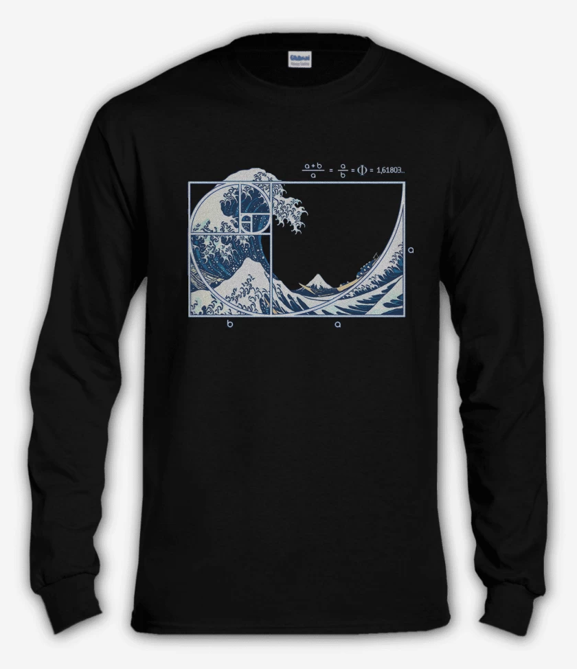 Polera manga larga Negro de La gran ola fibonacci