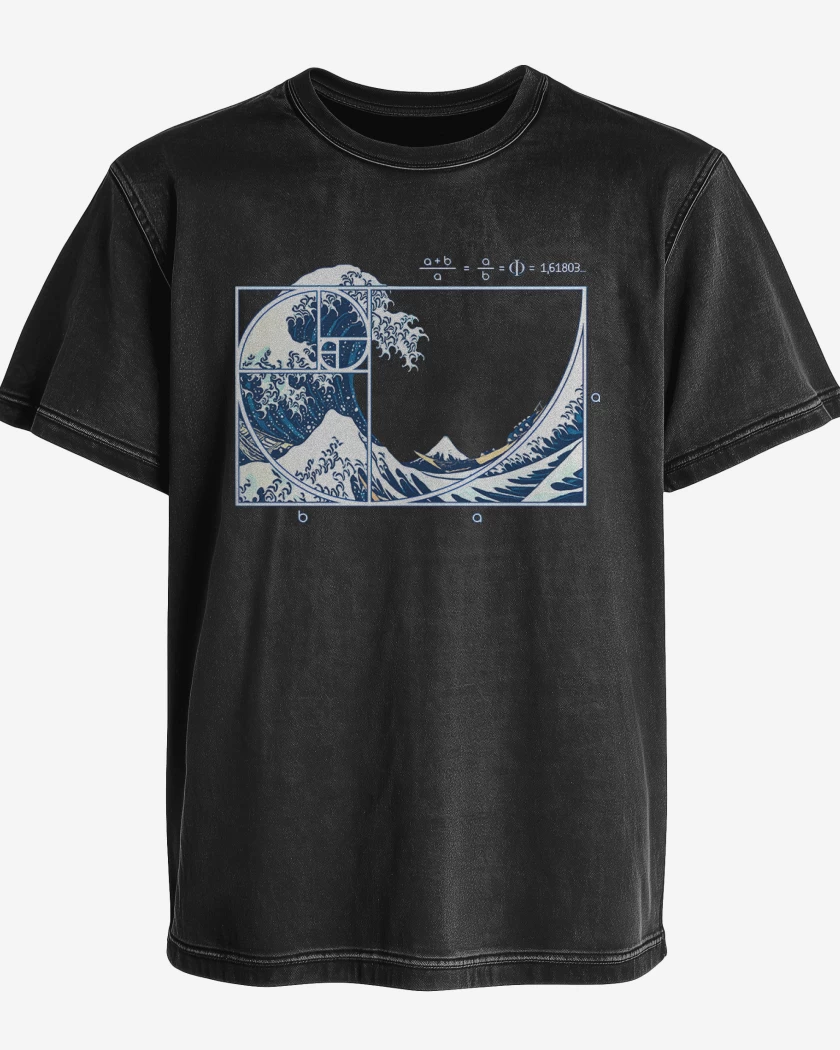 Polera desgastada Negro de La gran ola fibonacci