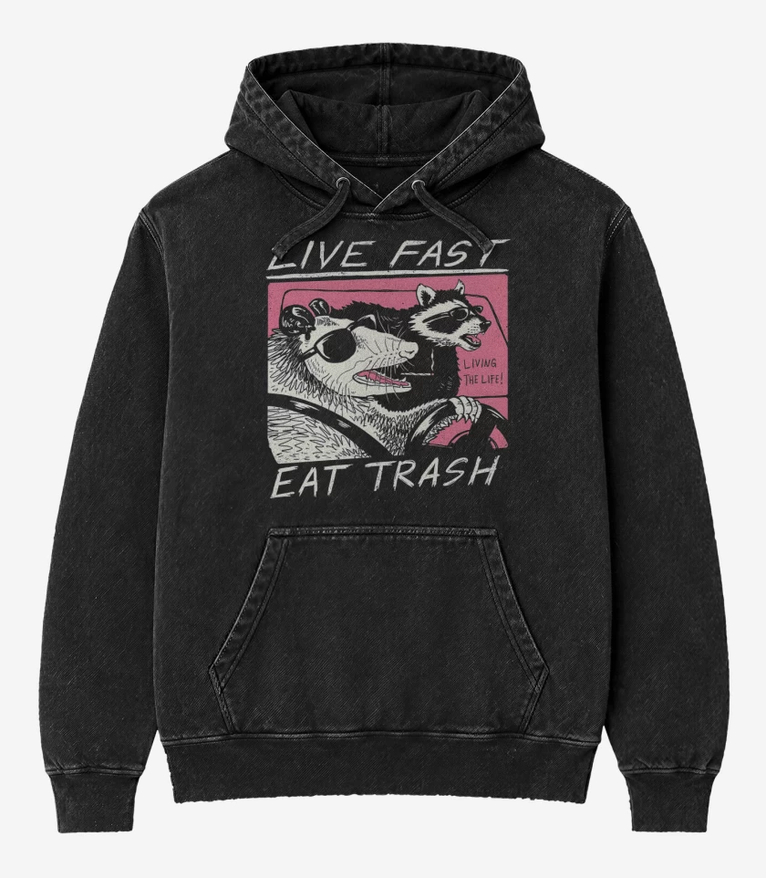 Poleron Canguro Acid Wash Negro de Live Fast Eat Trash