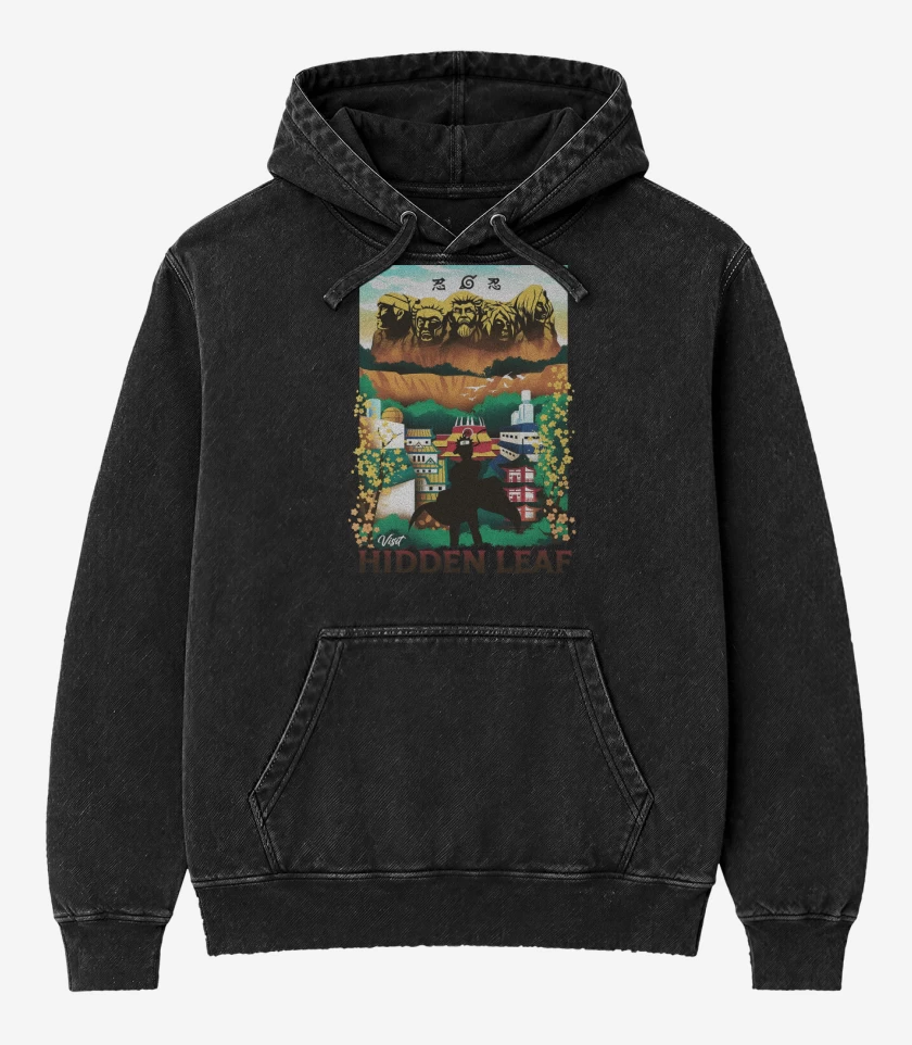 Poleron Canguro Acid Wash Negro de Aldea Oculta de la Hoja