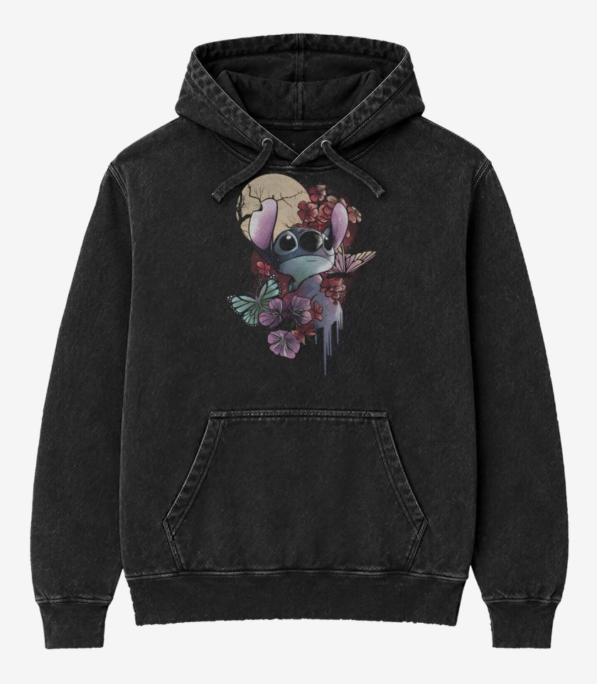 Poleron Canguro Acid Wash Negro de Flores en Ohana