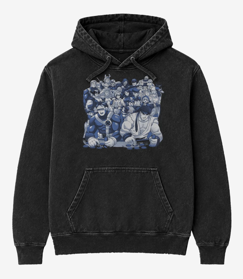 Poleron Canguro Acid Wash Negro de X-Men vs Street Fighter