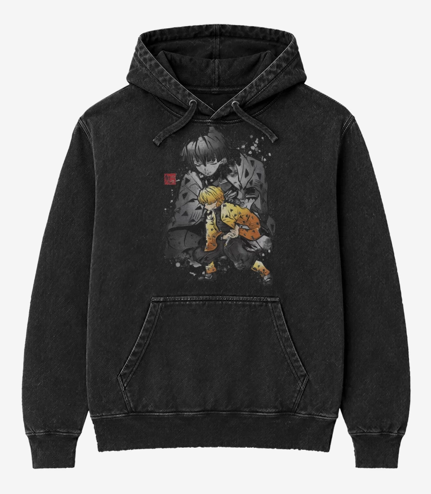 Poleron Canguro Acid Wash Negro de Zenitsu Agatsuma 
