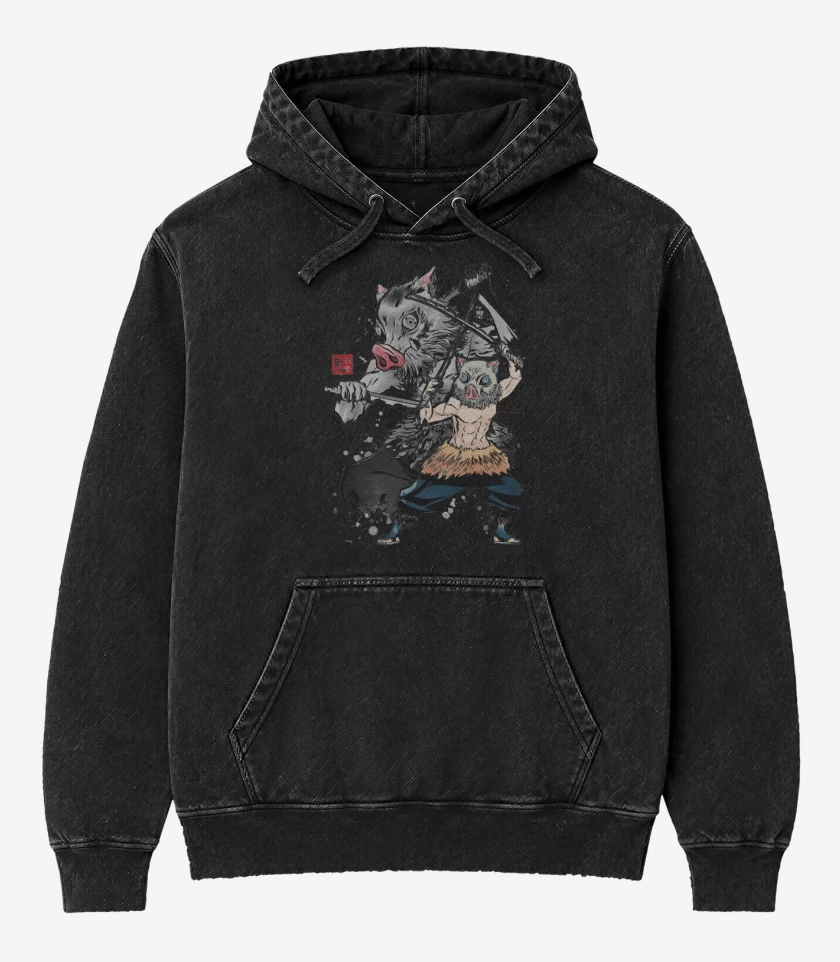 Poleron Canguro Acid Wash Negro de Inosuke Hashibira 