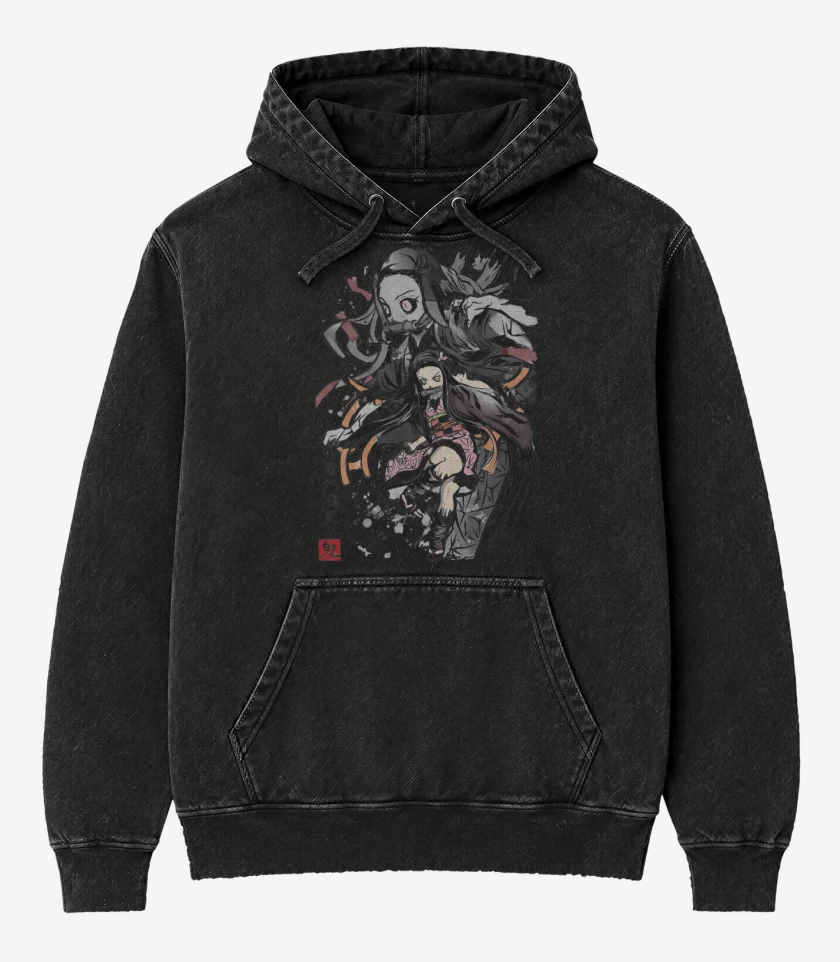 Poleron Canguro Acid Wash Negro de Nezuko Kamado
