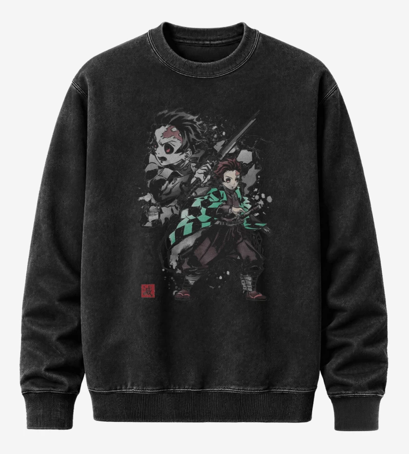 Poleron Polo Acid Wash Negro de Tanjiro Kamado