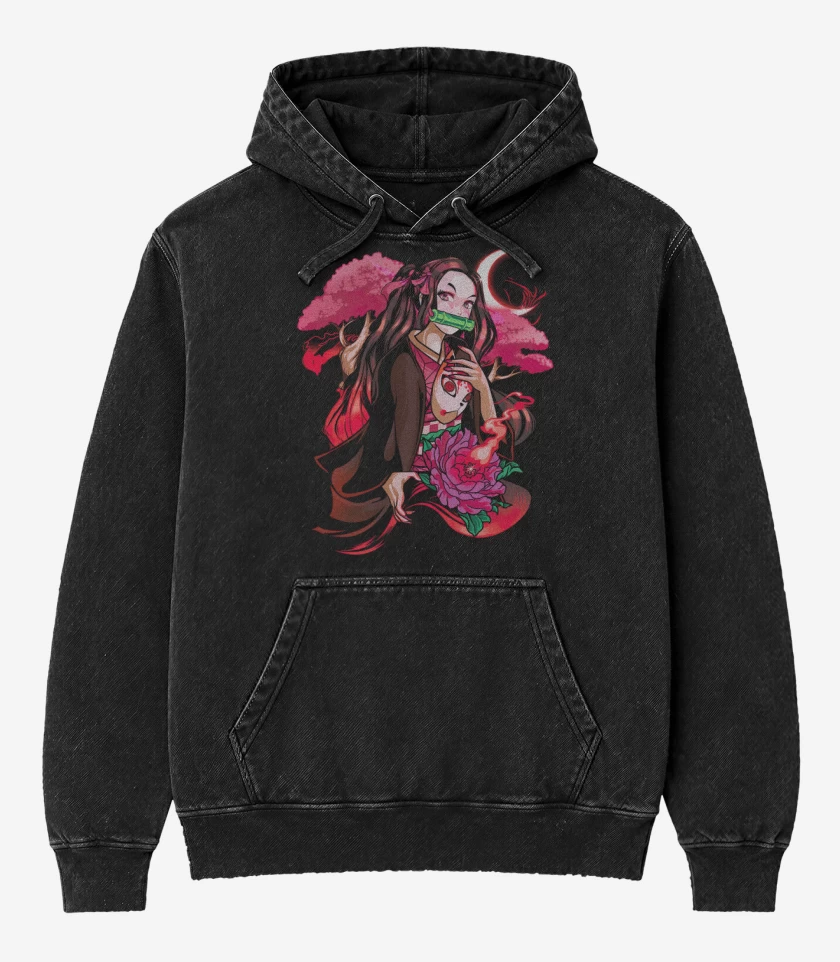 Poleron Canguro Acid Wash Negro de Nezuko