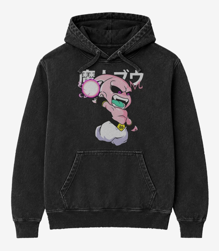 Poleron Canguro Acid Wash Negro de Chibi majin buu