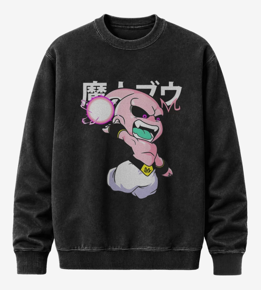 Poleron Polo Acid Wash Negro de Chibi majin buu