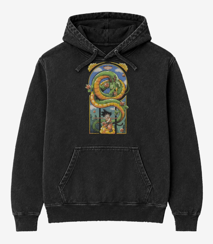 Poleron Canguro Acid Wash Negro de Goku Shen Long