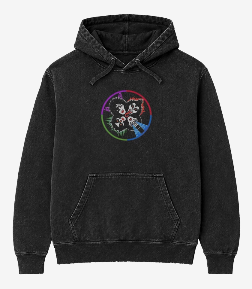 Poleron Canguro Acid Wash Negro de Kiss Pecho