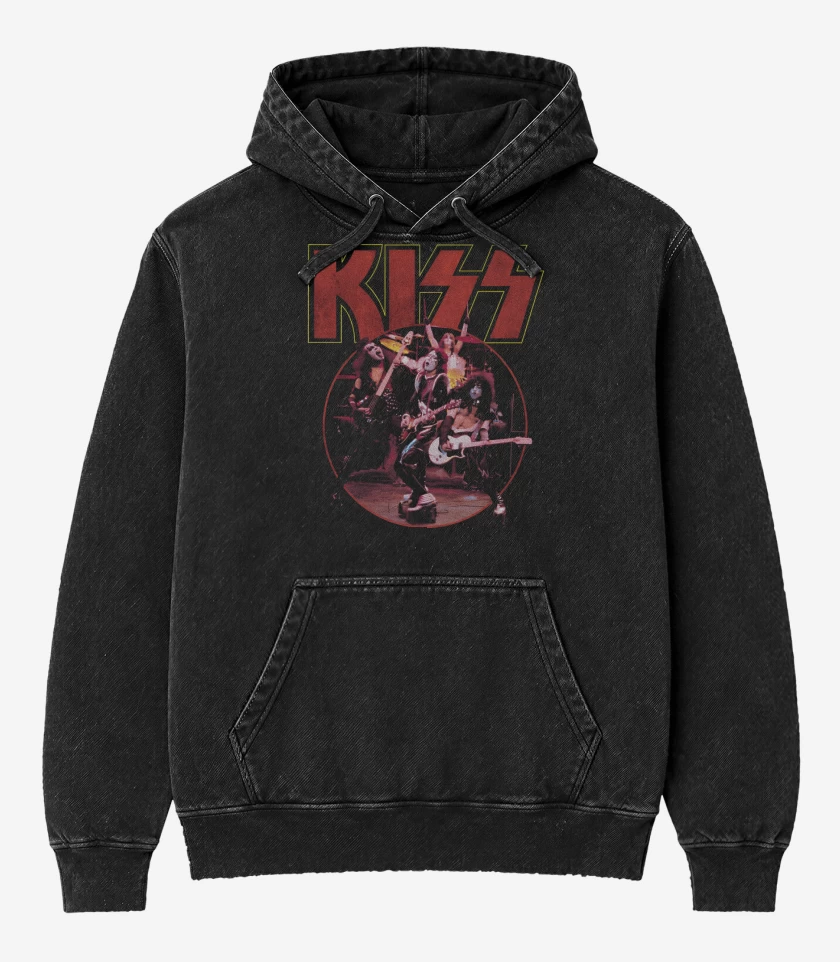 Poleron Canguro Acid Wash Negro de Kiss Band