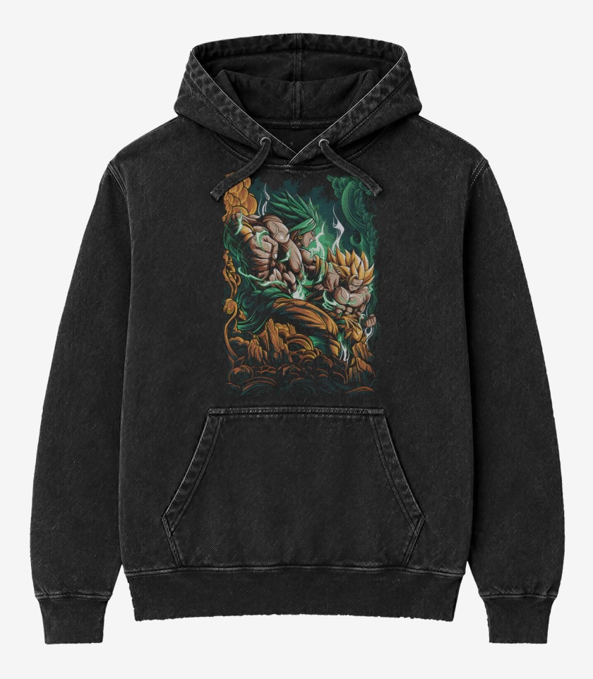 Poleron Canguro Acid Wash Negro de Broly vs Goku SSJ3