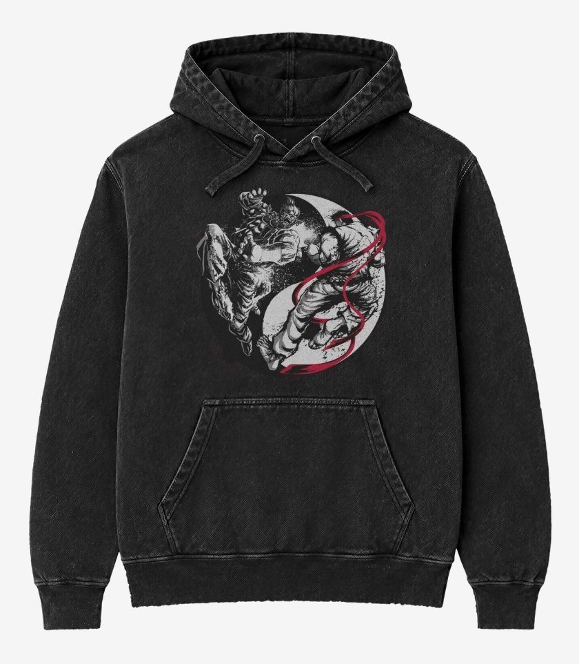 Poleron Canguro Acid Wash Negro de Ryu Akuma