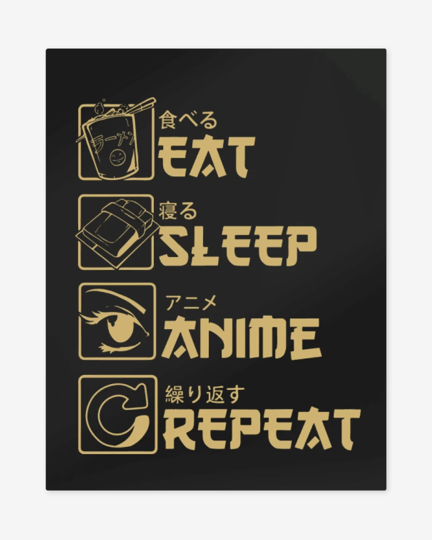 Print metalico Negro de Eat Sleep Anime Repeat
