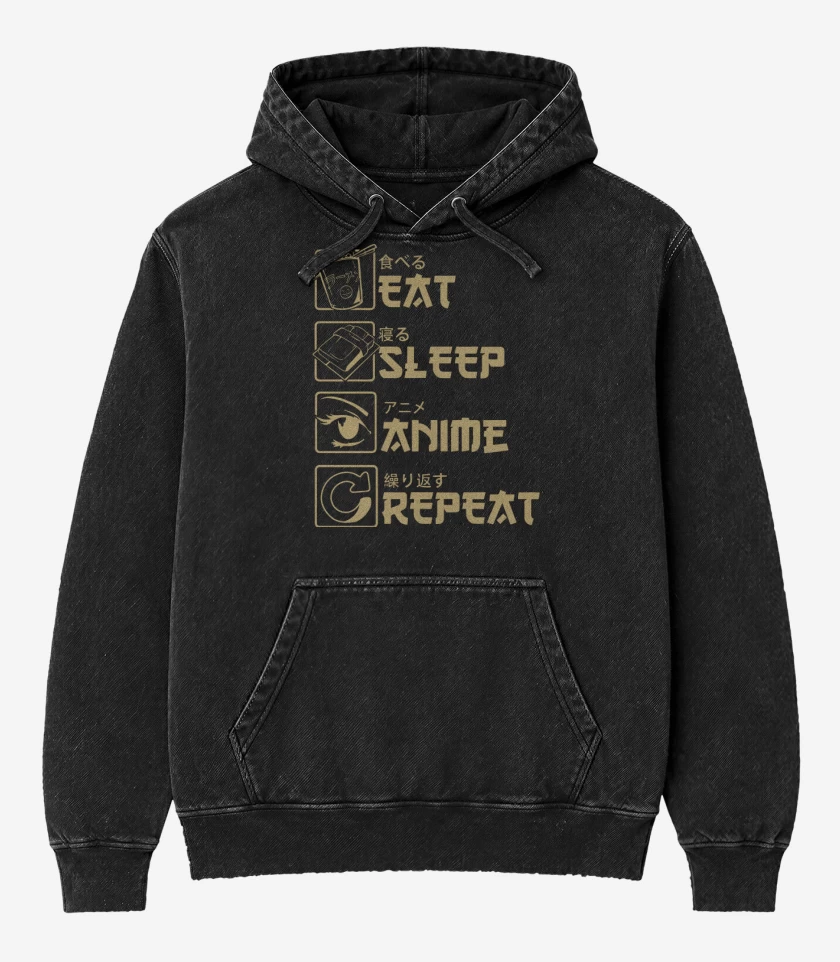 Poleron Canguro Acid Wash Negro de Eat Sleep Anime Repeat