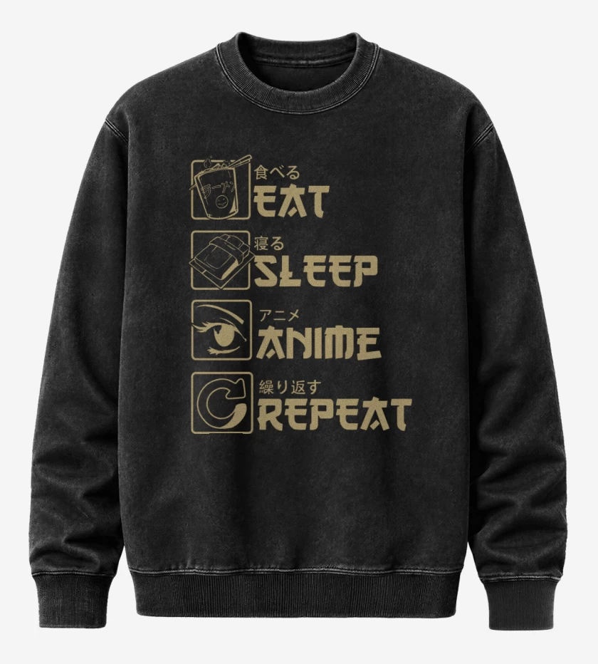 Poleron Polo Acid Wash Negro de Eat Sleep Anime Repeat