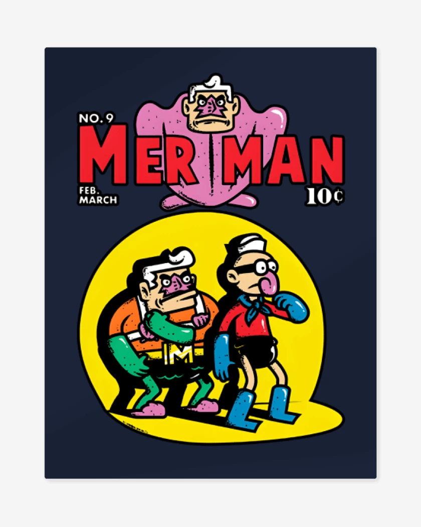Print metalico Azul Marino de Sirenoman y Chico Percebe