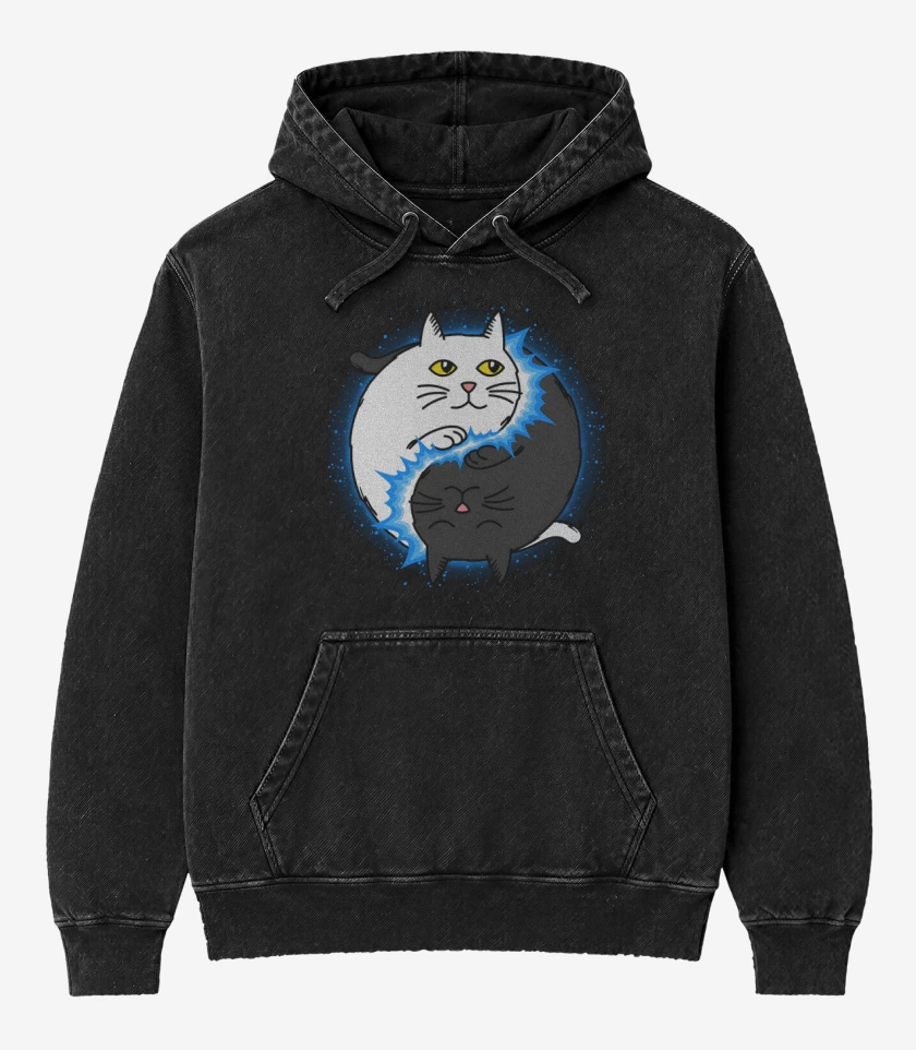 Poleron Canguro Acid Wash Negro de Yin Yang cat
