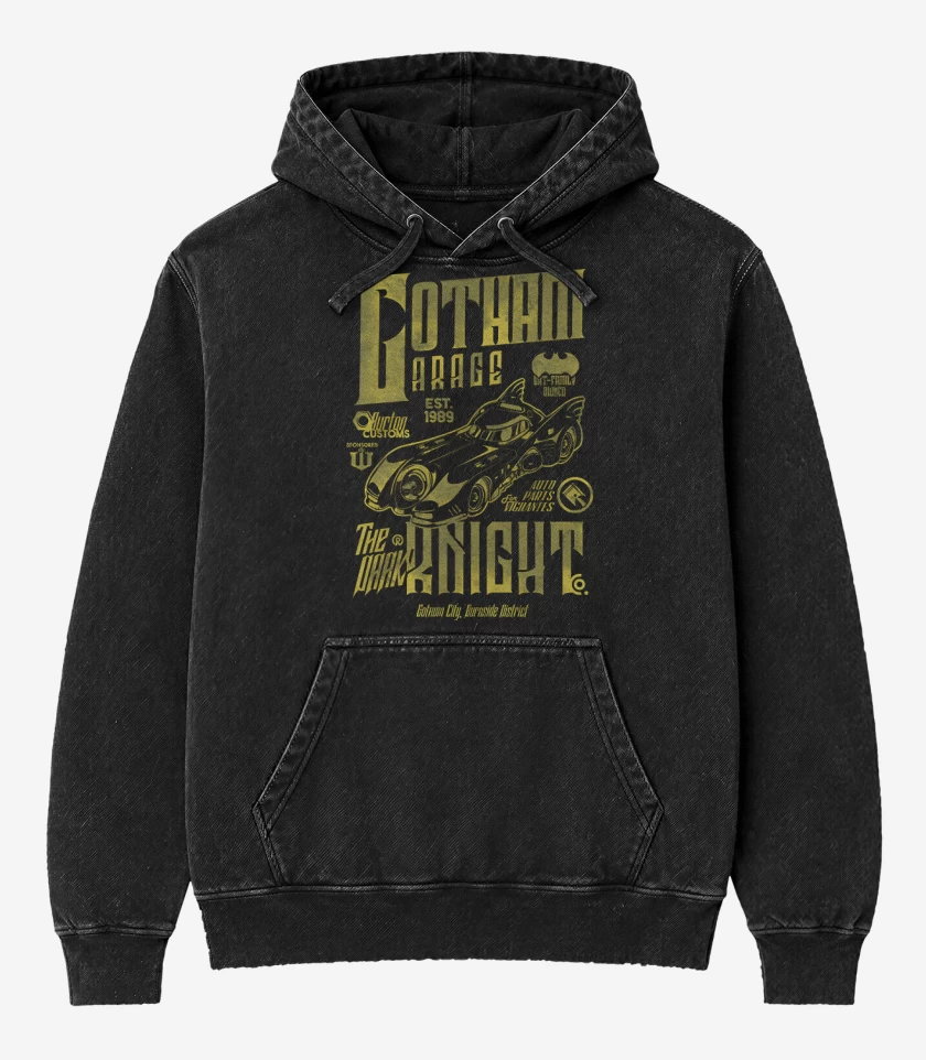 Poleron Canguro Acid Wash Negro de Gotham City Garage