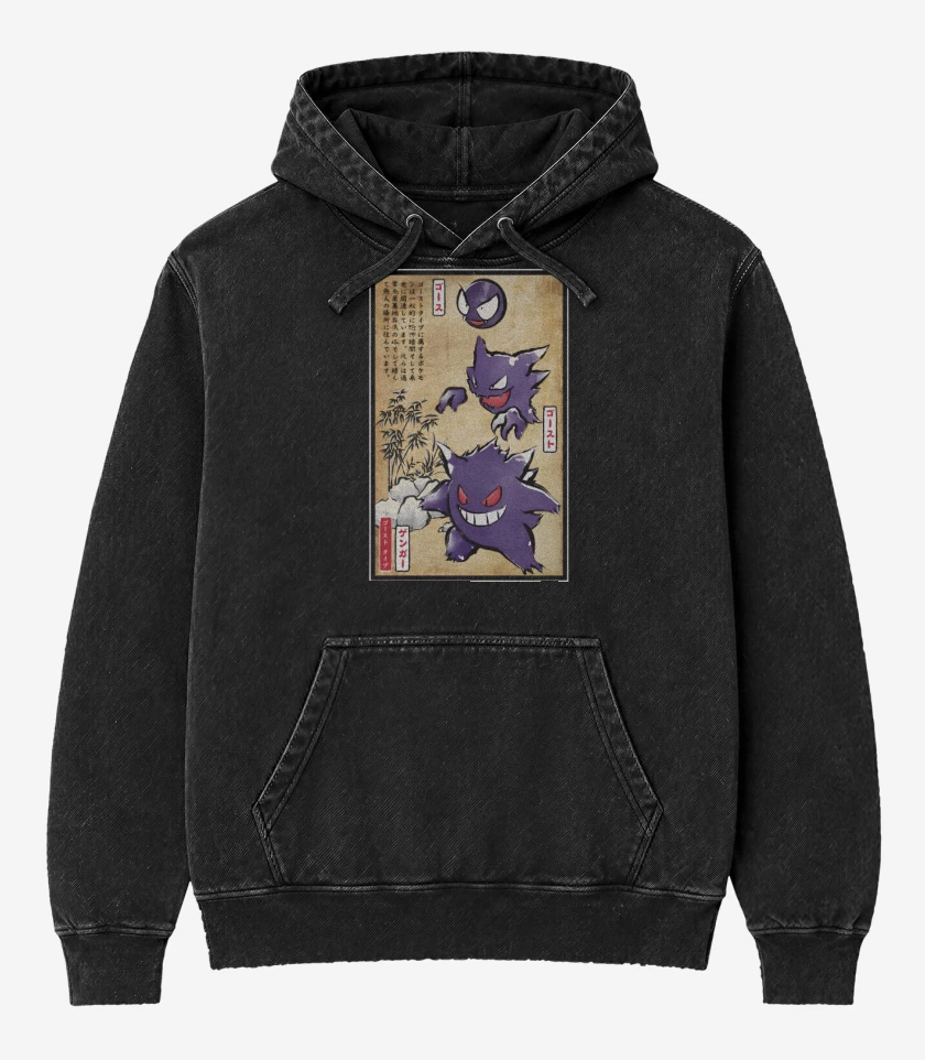 Poleron Canguro Acid Wash Negro de Tipo Fantasma Japonés