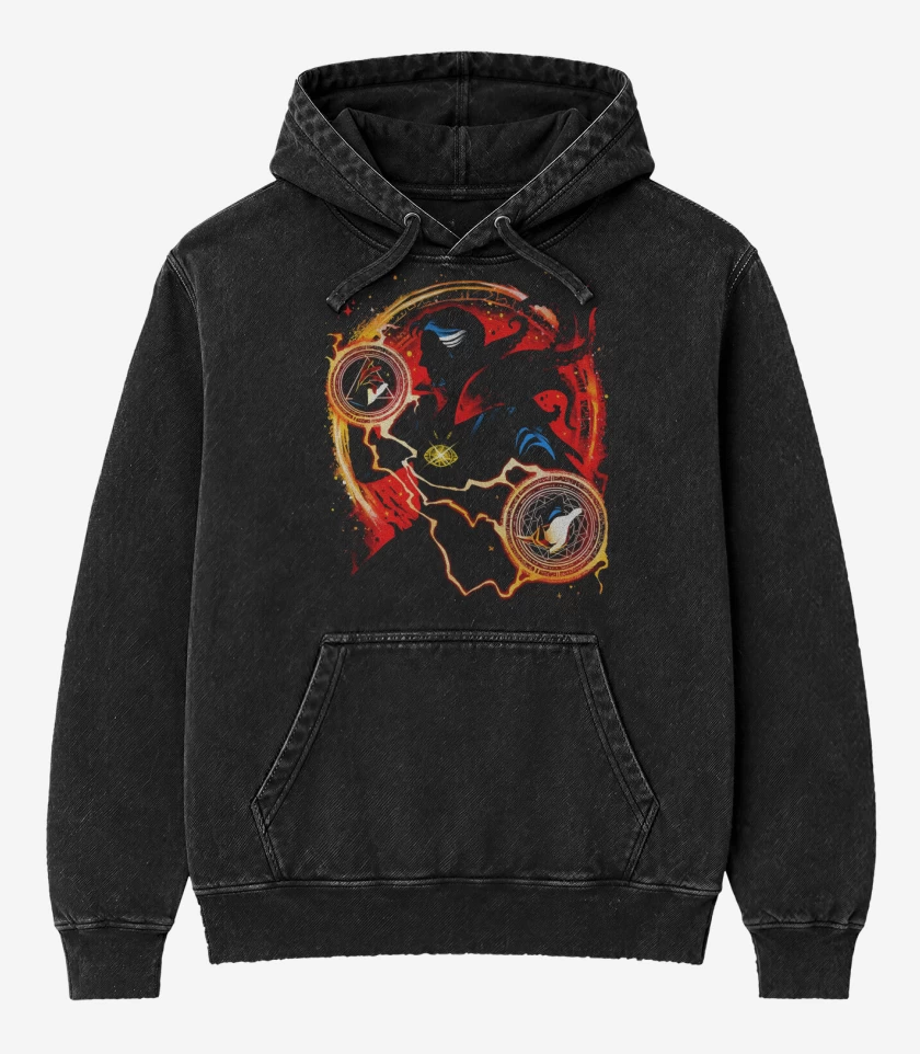 Poleron Canguro Acid Wash Negro de Hechicero Supremo de la Locura
