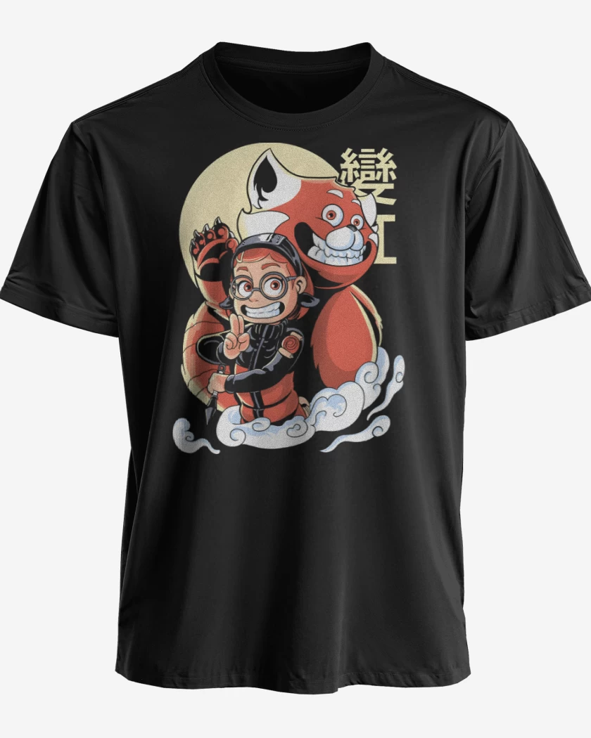 Polera premium Negro de Panda Rojo de Nueve Colas