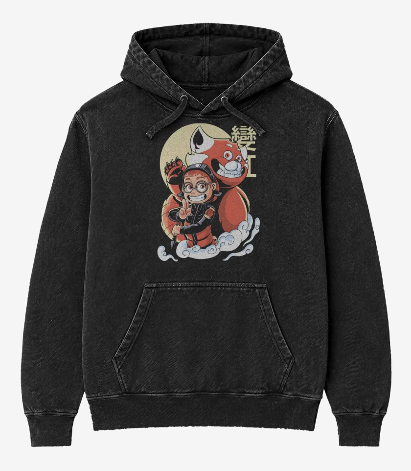 Poleron Canguro Acid Wash Negro de Panda Rojo de Nueve Colas