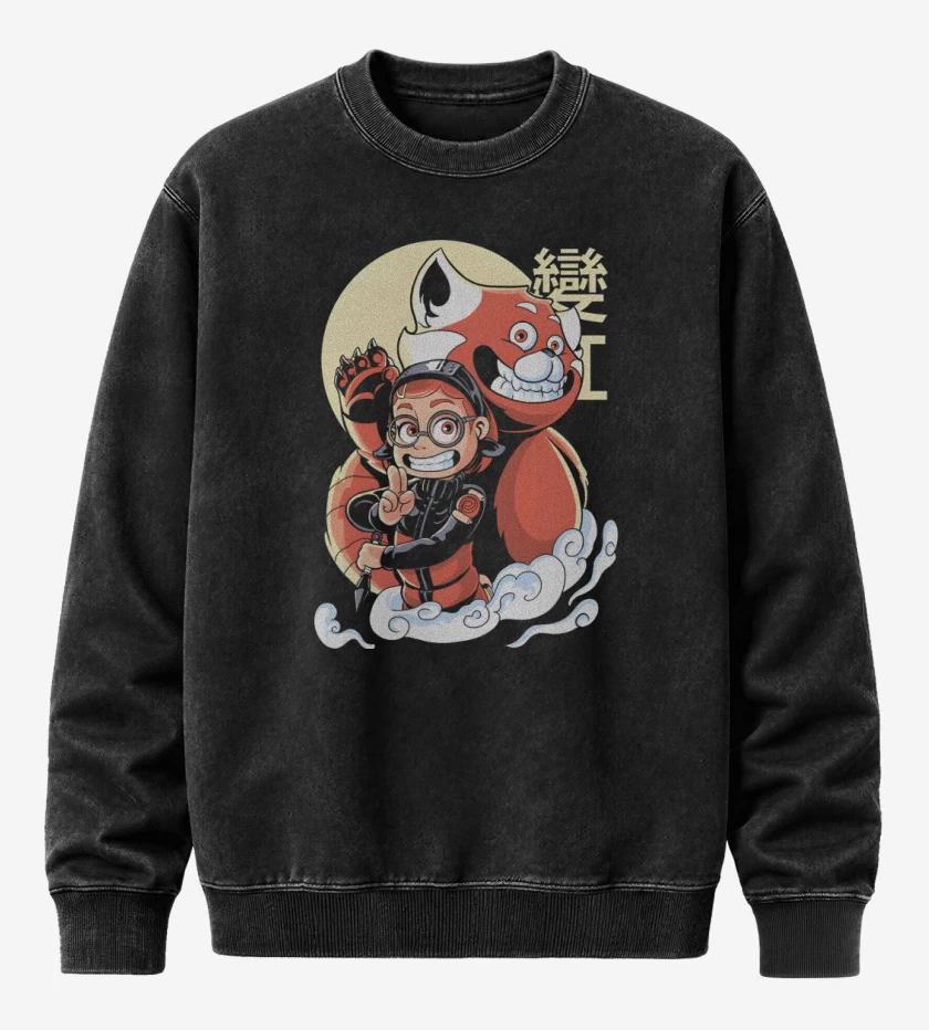 Poleron Polo Acid Wash Negro de Panda Rojo de Nueve Colas